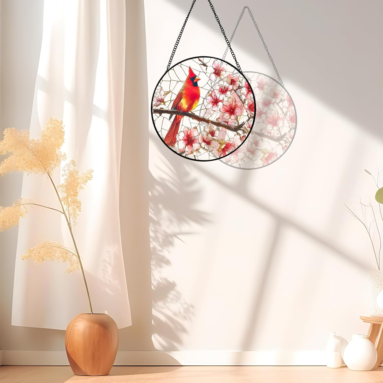 Stained Glass Style Cardinal Suncatcher, 7.87 Inch (20cm) Round Real Glass Window Hanging with Gift Box and Chain, Bird Decor Gift - Image 3