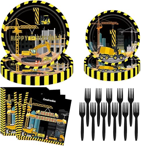 Suministros de fiesta de primer cumpleaños de construcción con temática de camión volquete, platos de papel, servilletas, tenedores, juego de