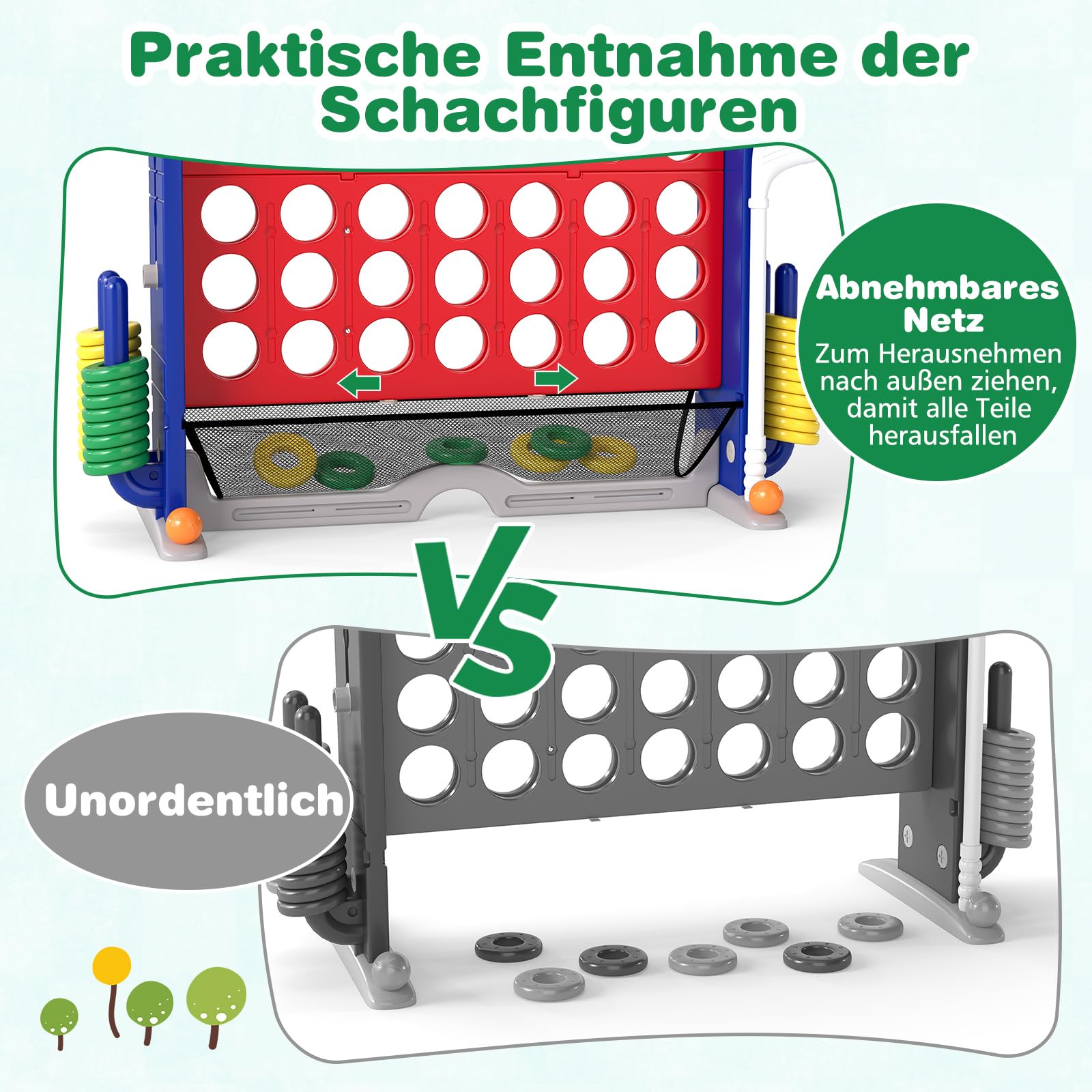 COSTWAY 4 in 1 Vier Gewinnt groß, Jumbo 4 Gewinnt mit Ringwurf, Basketballkorb & Golfspiel, Vier in Einer Reihe Spiel XXL inkl. Getränkehalter, Netzfach & Tragetasche, für Kinder & Erwachsene (Rot)
