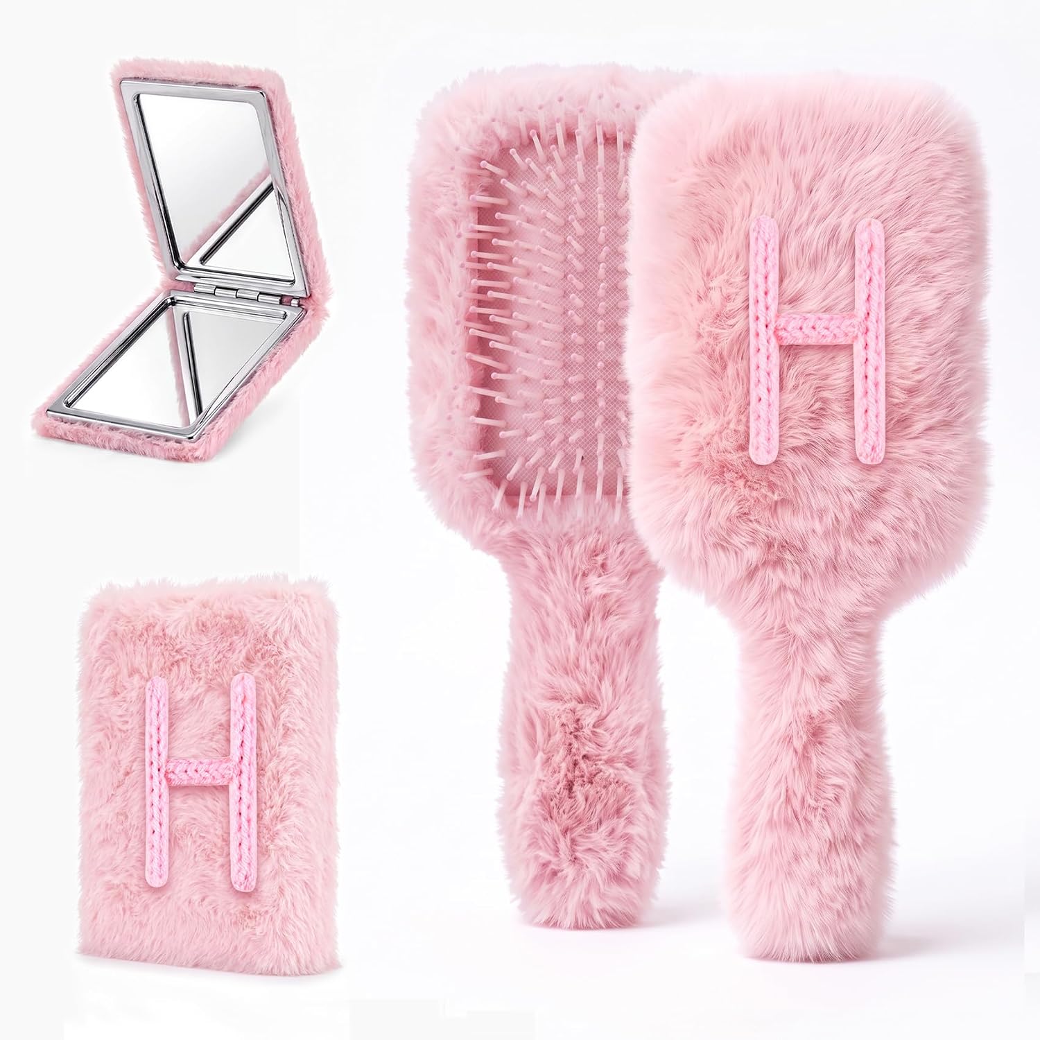 Personalized Plush Hair Brush & Compact Mirror, Cute Stuff Gifts for Girls