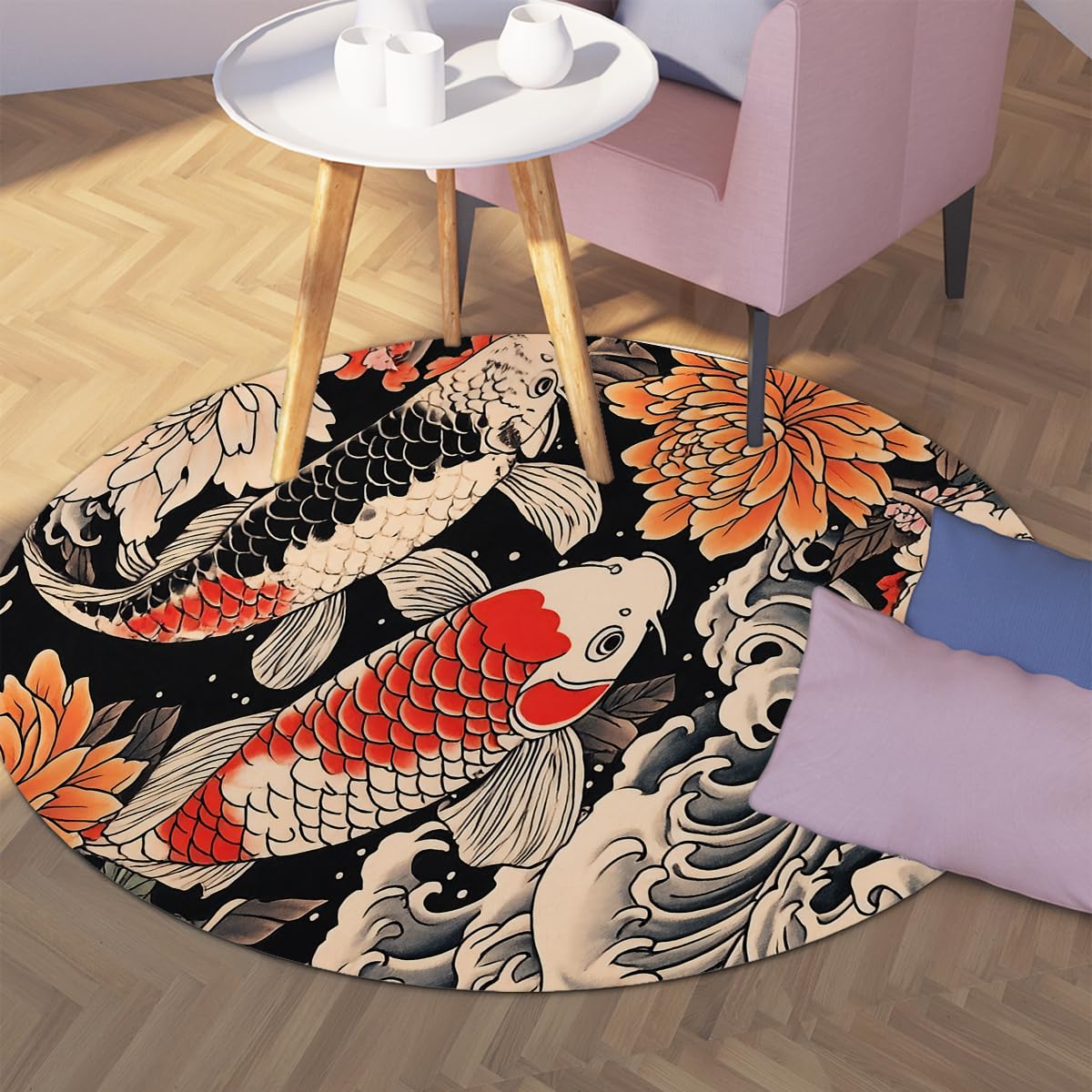 Japoński Koi Ryby Okrągły Dywan 160cm Duży Dywan 160cm Rug