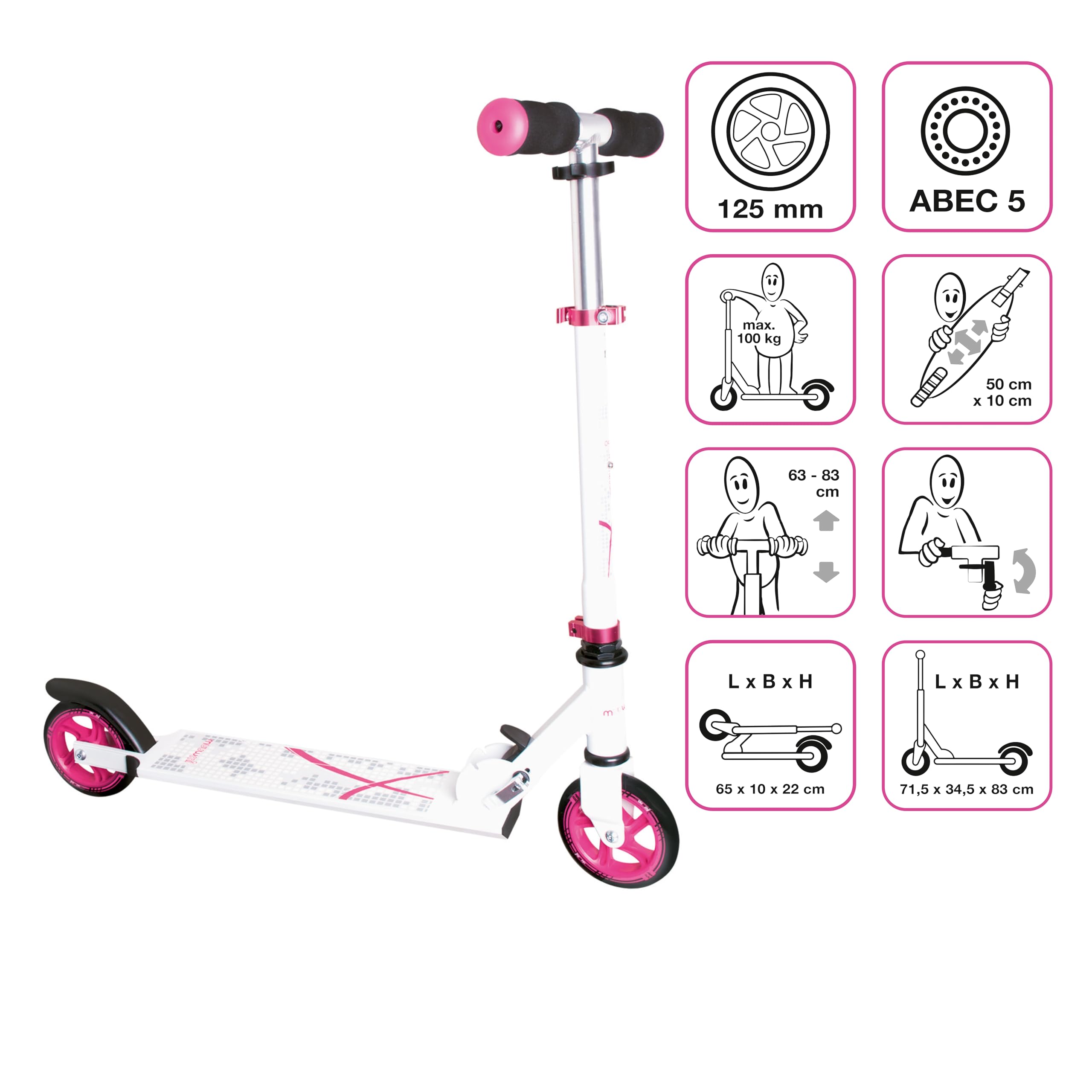 muuwmi Aluminiowa hulajnoga – hulajnoga, 125 mm, certyfikat ABEC 5, GS, regulacja wysokości