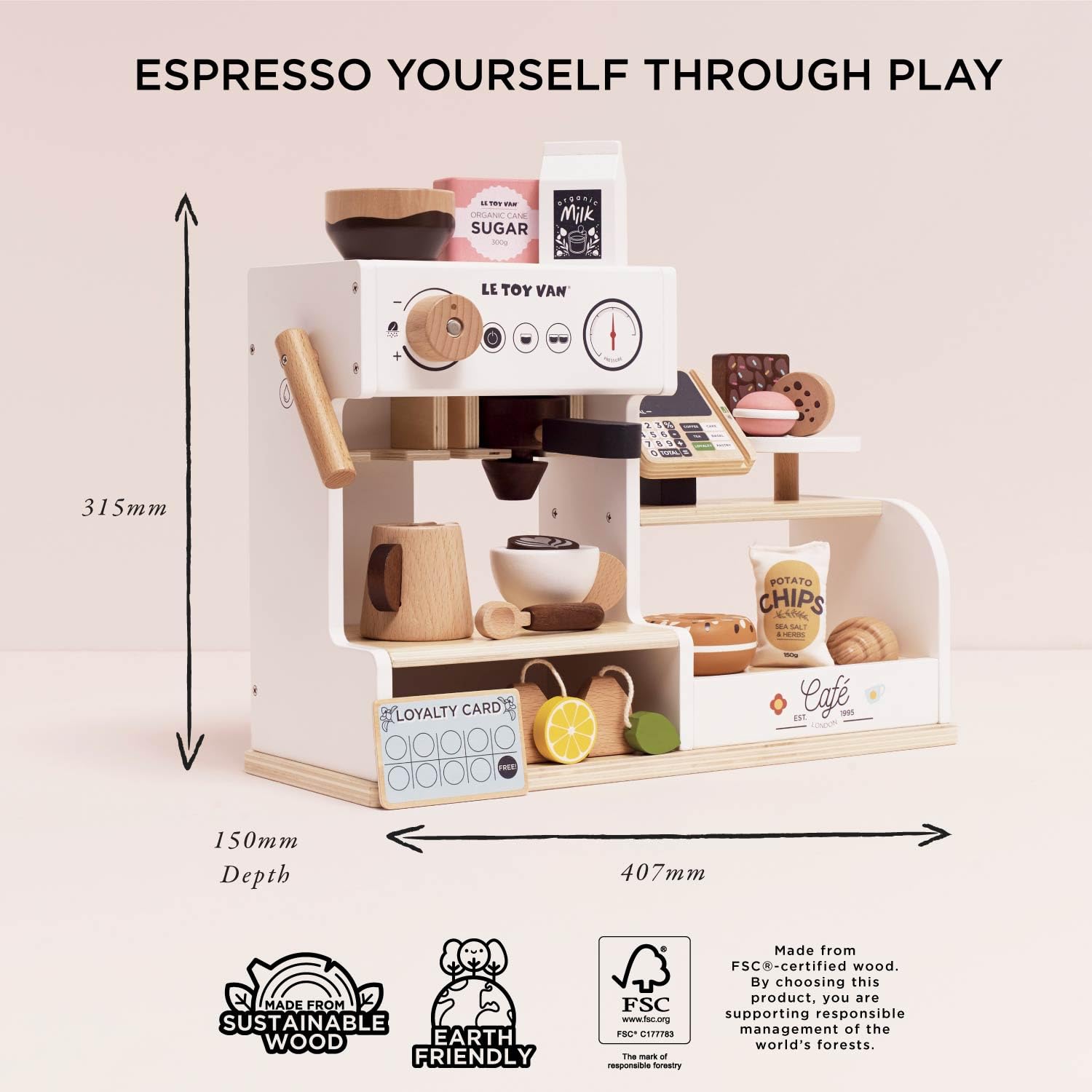 Petit Jour Machine à Café Barista en Bois FSC, Set de Jeu pour Enfants 3+, 40,7 x 15 x 31,5 cm, avec Accessoires de Coffee Shop, Caisse et Gourmandises