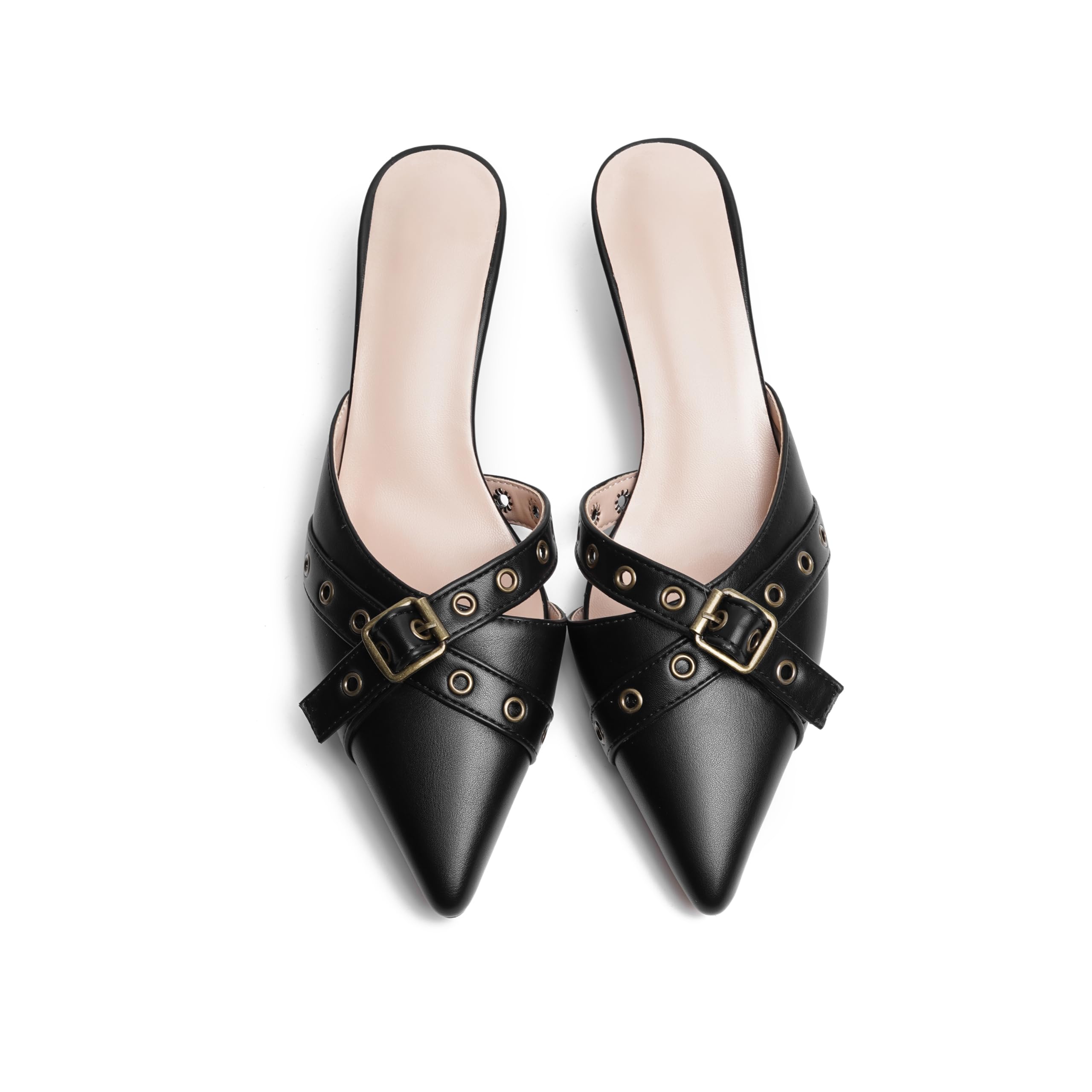 olomisa Womens Kitten Heels, Bow Studded Heeled Mules Pointed Toe Low Heel Sandals Suede Leather Slip on Kitten Heel Pumps