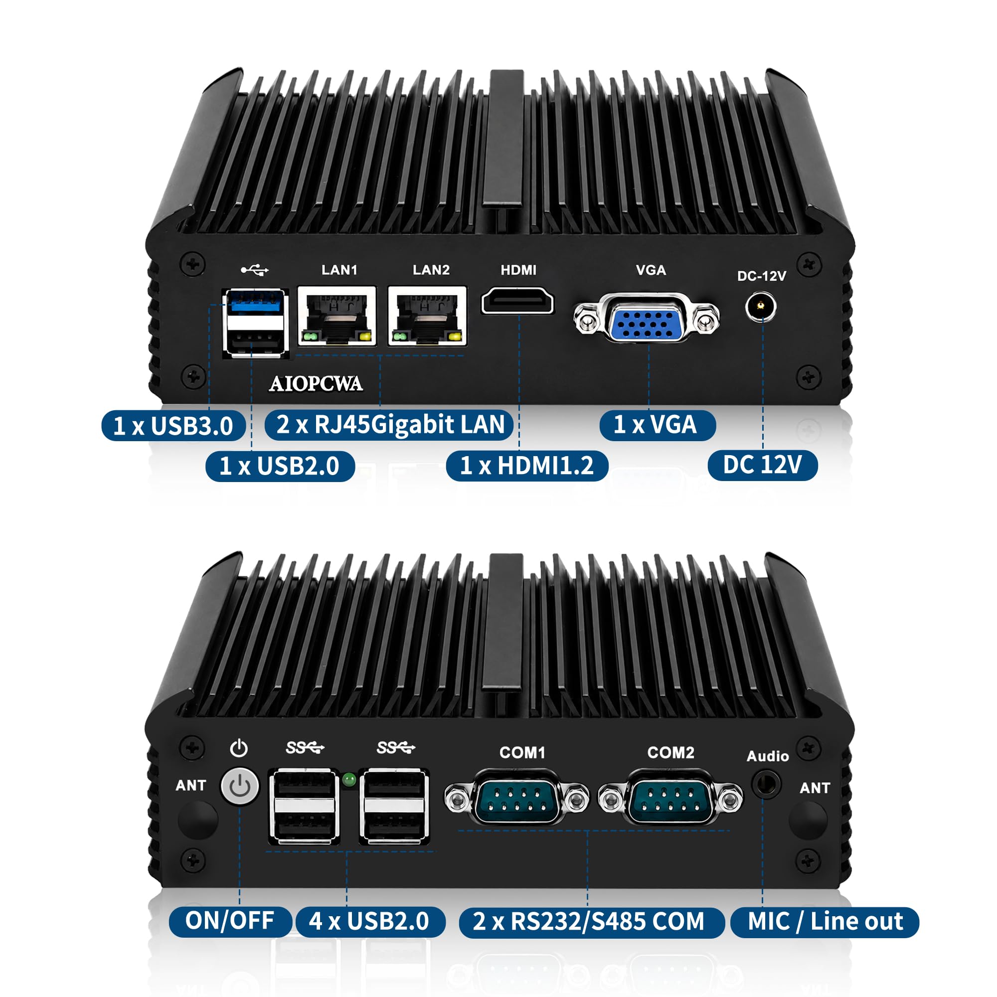 Fanless Industrial Mini PC N2840, 2× COM RS232/RS485, 2× Gigabit LAN, Micro PC Box, Embedded Computer DDR3L Barebone, VGA+HD Ports, SATA, 6× USB, SIM Slot, Auto Power On