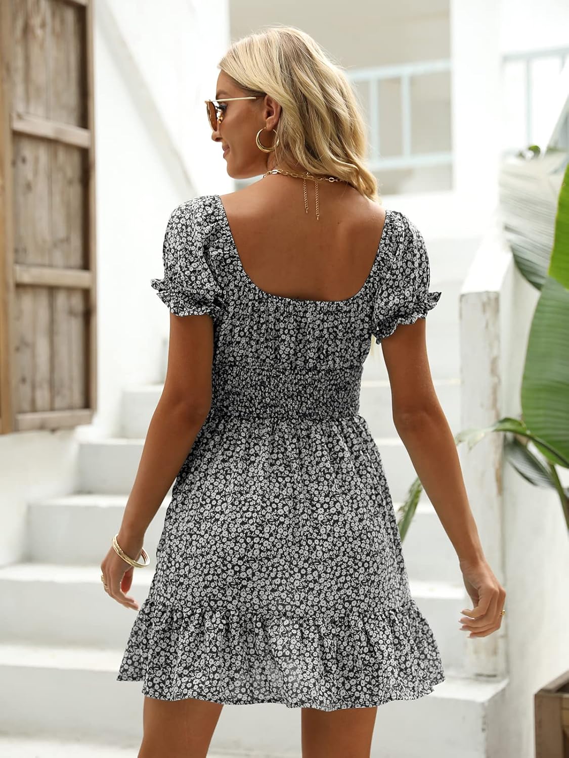 Heysolo Womens Boho Floral Smocked Square Neck Short Sleeve Ruffle Beach Summer Mini Dress - Image 3