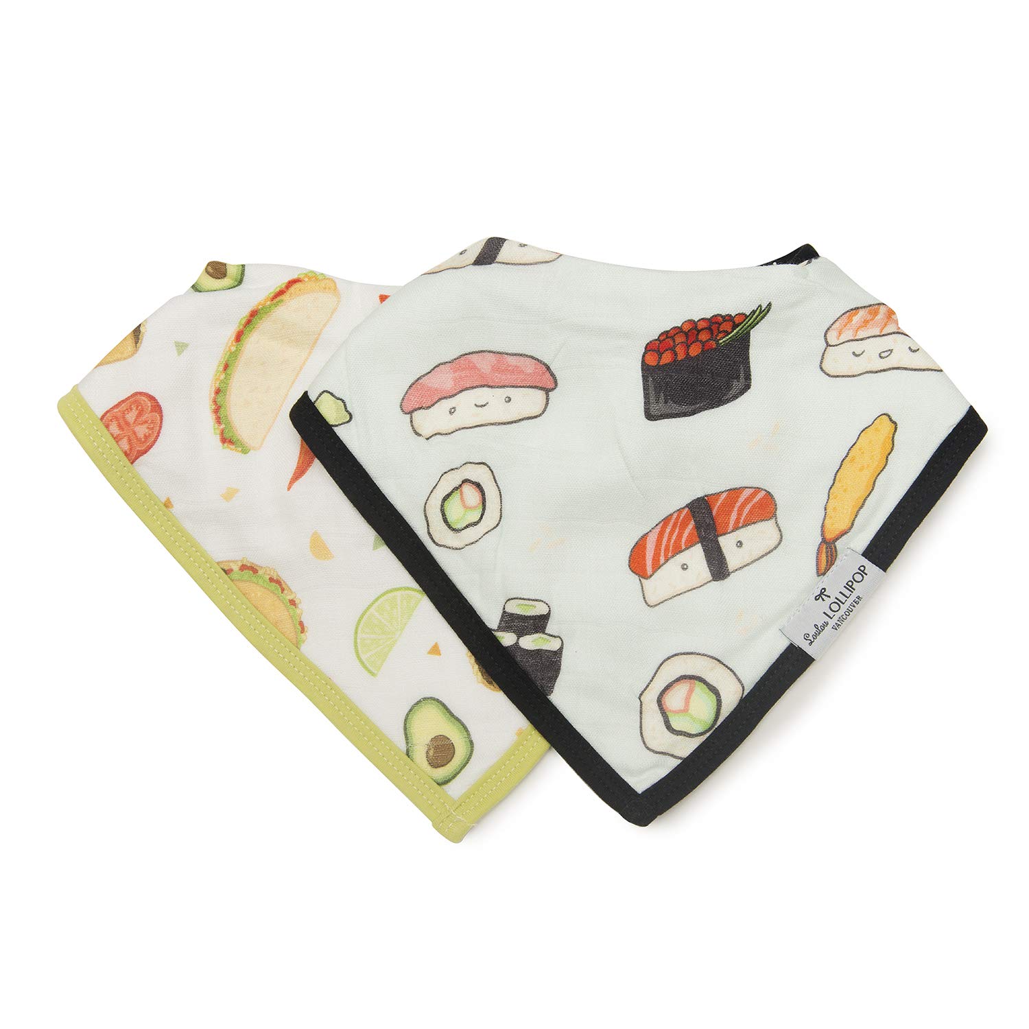 Loulou Lollipop Muslin Bandana Bib Drool Bib Set for Baby Girl and Boy Adjustable 3 to 36 Months, 2 Pack - Taco/Sushi