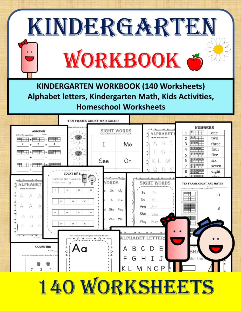 KINDERGARTEN WORKBOOK (140 Worksheets) - Alphabet letters, Kindergarten Math, Kids Activities, Homeschool Worksheets