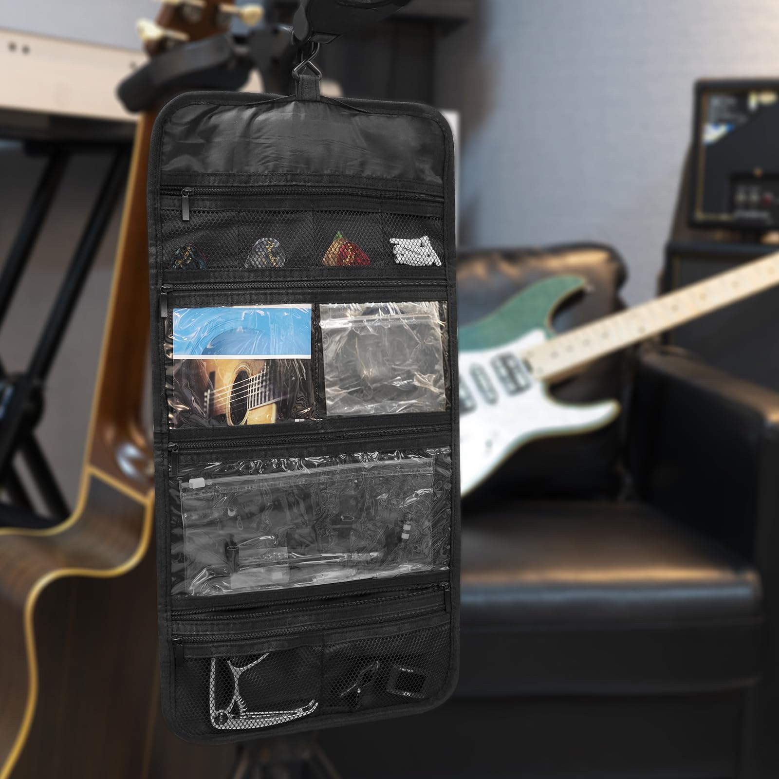 GEEKRIA Organiseur d’Accessoires de Guitare, Porte Médiators/Capodastre/Accordeur, Sac Portable Pliable, pour Voyage, Housse de Guitare, Organisation Maison (Gris Foncé)