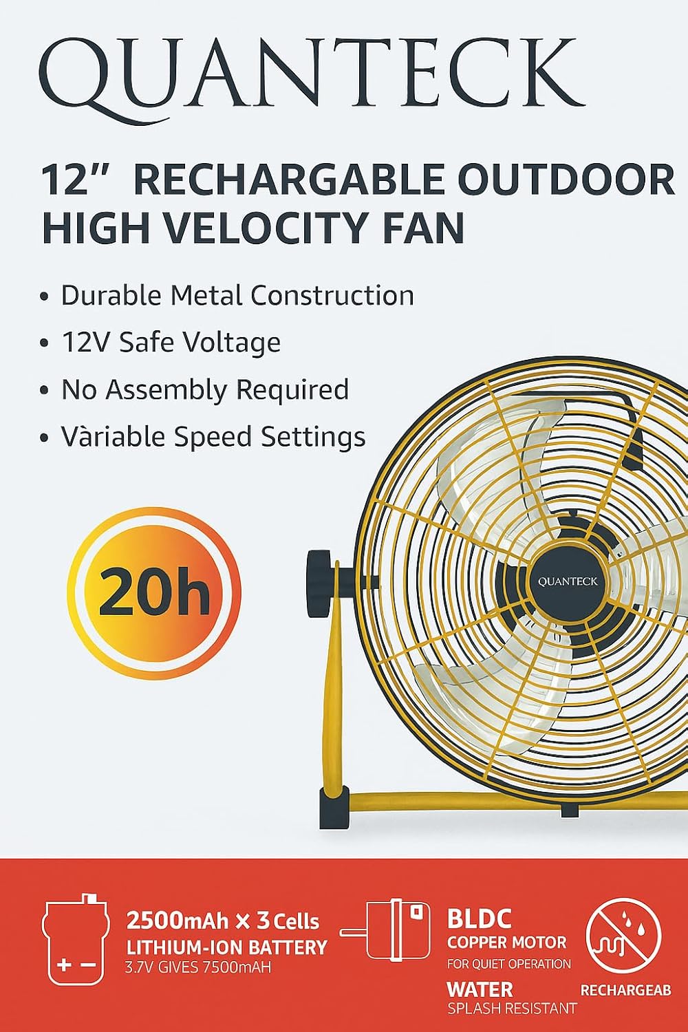 12” Rechargeable High Velocity Fan – 1000 CFM Airflow, 7500mAh Battery, Up to 20h Runtime, Fast Charging, 360° Tilt – Portable and Powerful for Outdoor Use