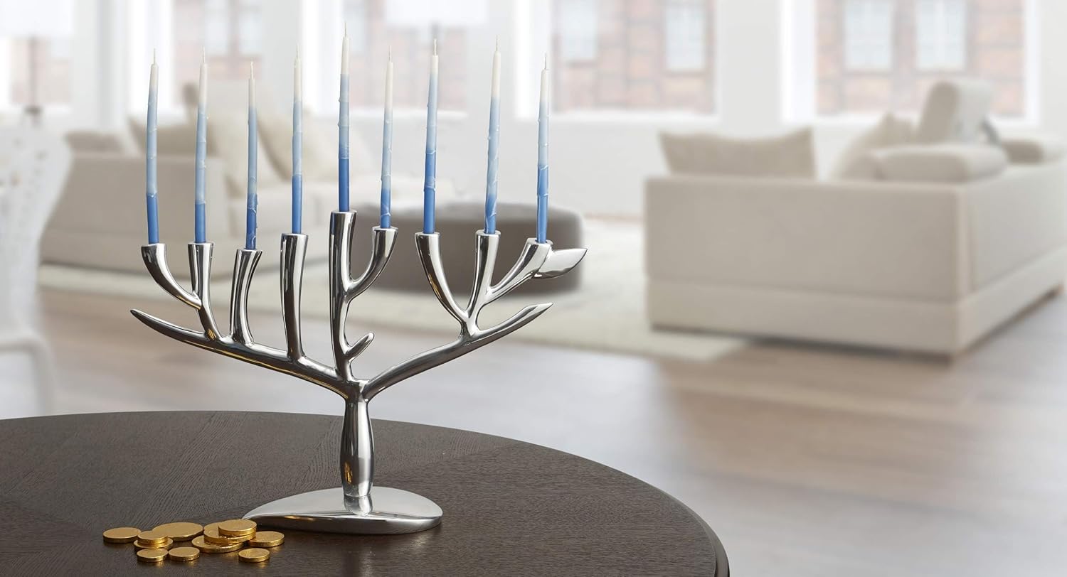 Nambé Tree of Life Menorah, 13.5 x 9-Inch Hanukkah Candle Holder Sculpture Crafted from Signature Alloy, Modern Judaica Art & Jewish Holiday Decor for Home Centerpiece & Gift Display