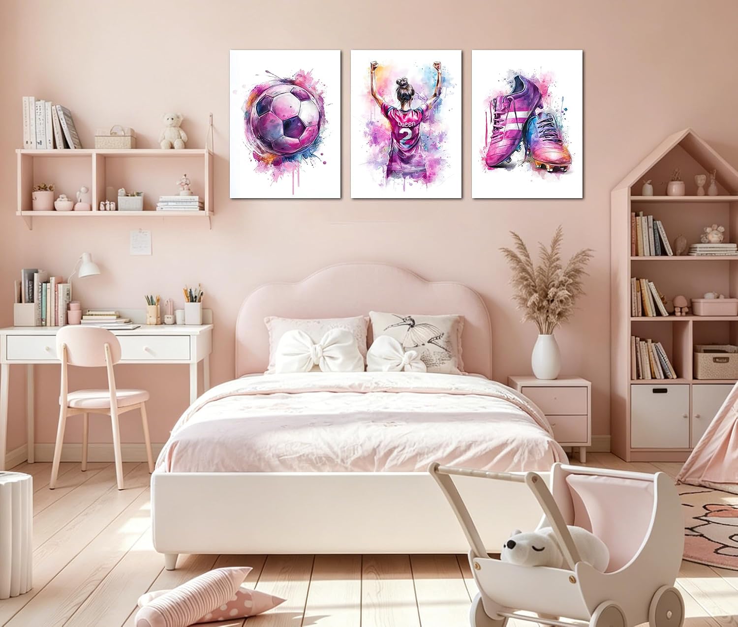 Frimeeme Girl Purple Watercolor Soccer Wall Art, Purple Watercolor,Sports Theme Decor for Bedroom, Kids Room,3 Piece Set, 12x16 Inches, Unframed