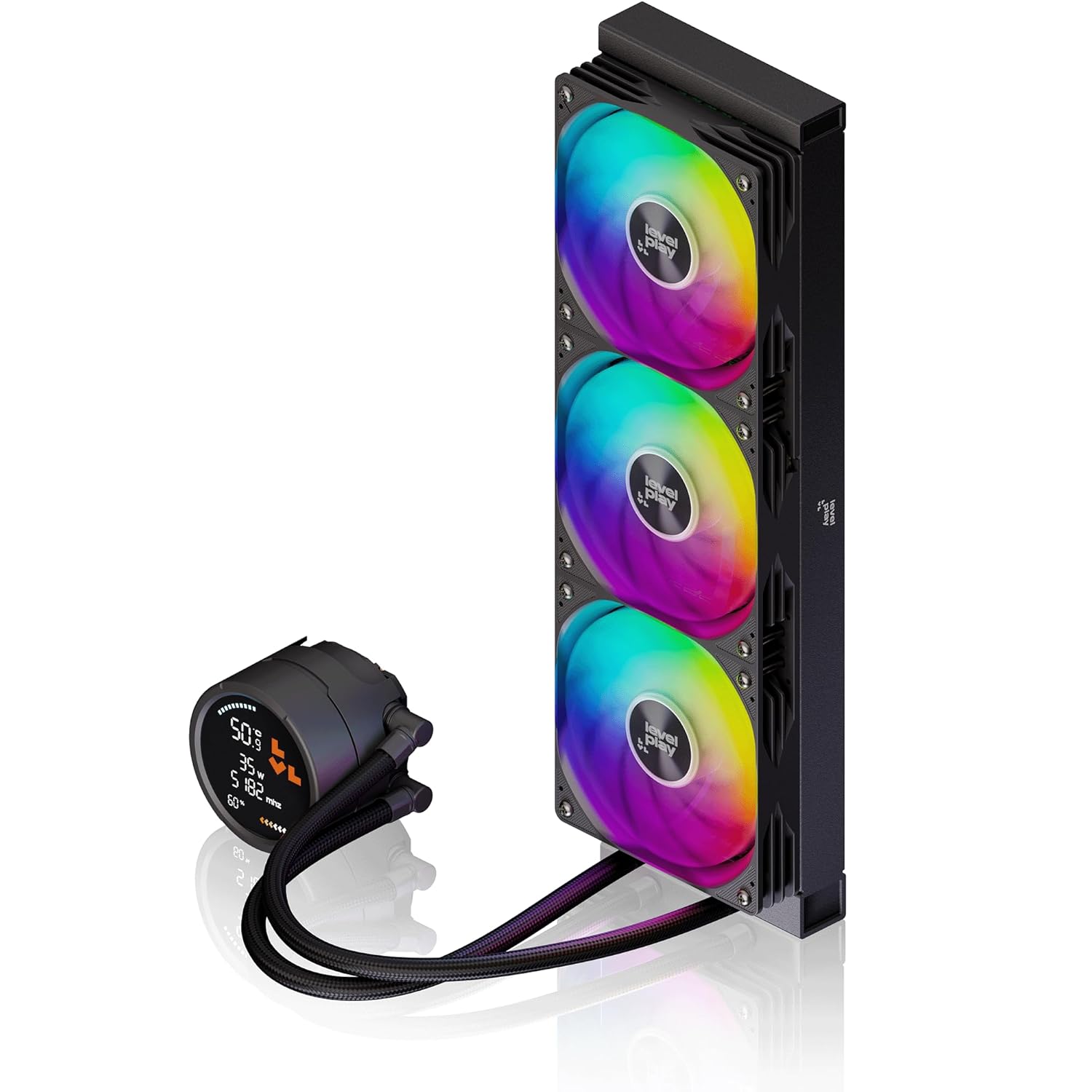 Levelplay Combat Liquid 360 HUD AIO CPU Cooler - TDP 300W, 2.6" Real-Time Digital Display, 360mm Radiator Cooling, 360 Single-Frame Fans, AMD AM5 / AM4 & Intel LGA 1851 / LGA 1700 Compatible - Black