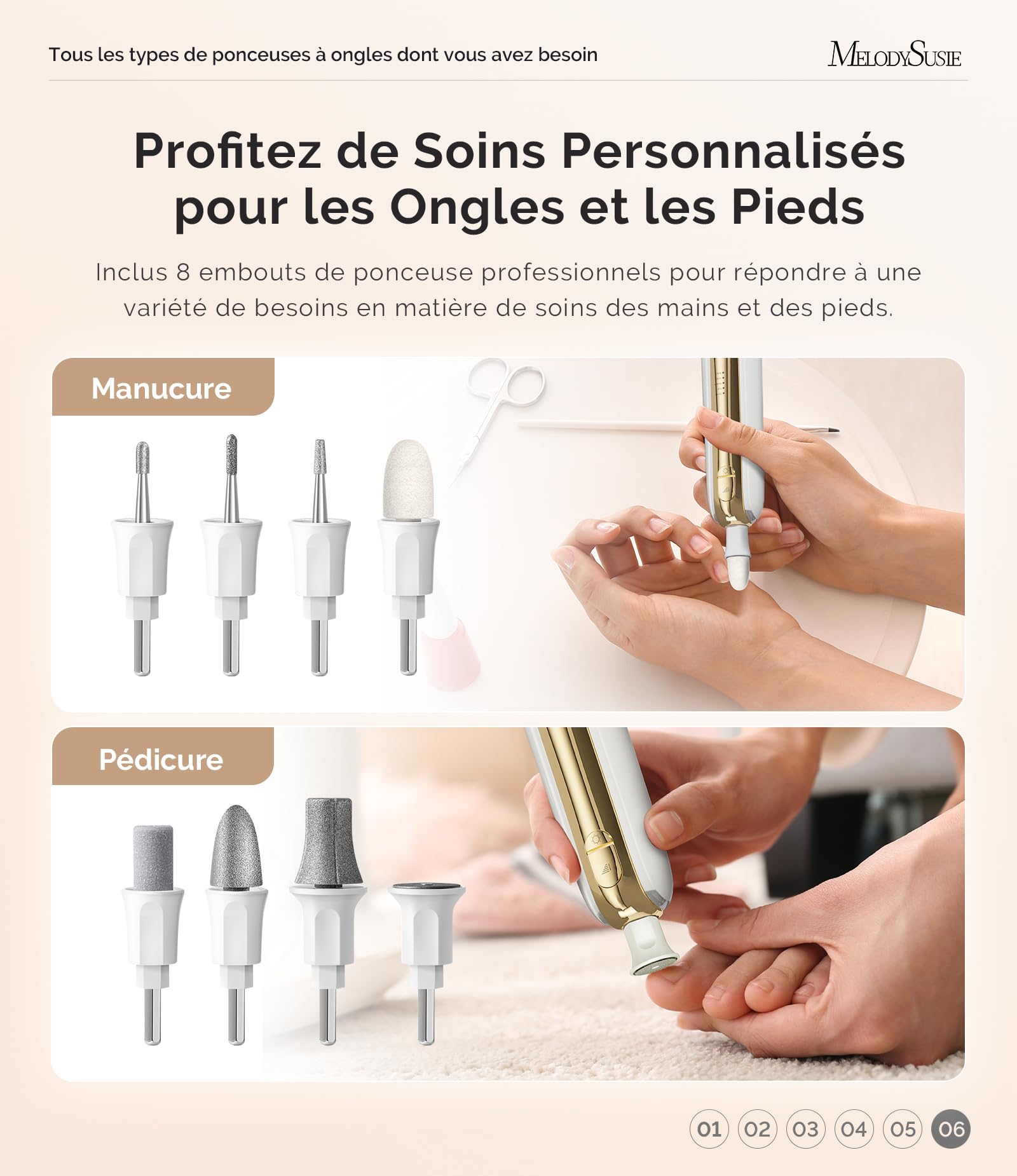 MelodySusie ponceuse pour ongles PC760G , Kit Manucure Pédicure avec 8 Embouts & Lumière LED 360°, 5 Vitesses Réglables, Rechargeable Sans Fil pour Soins à Domicile (Blanc&Or)