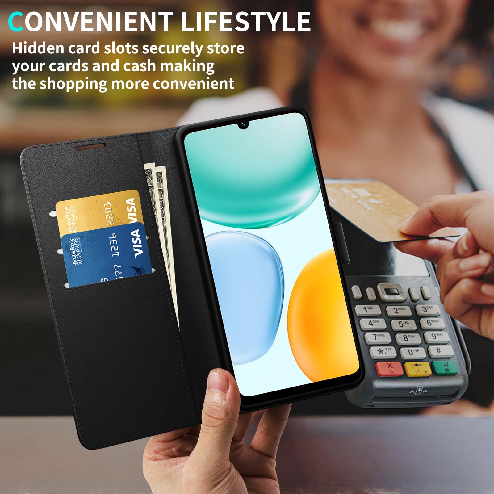 Cover per Honor X5C Plus Portafoglio Pelle PU Premium, Custodia Scomparti Carte Antiurto Protettiva Case con 1 Vetro Temperato, Nero