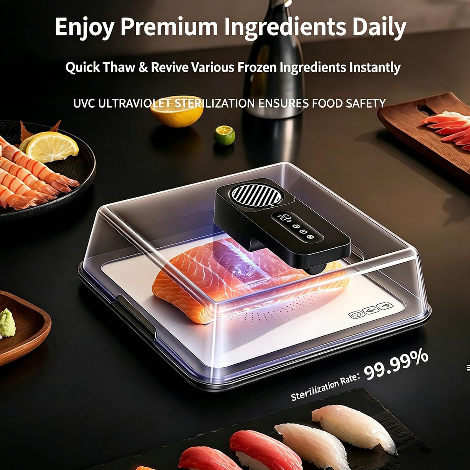 Bandeja de descongelación de carne de 4,2 L con tapa, bandeja inteligente de descongelación rápida para alimentos congelados, temporizador ajustable, recargable, para filetes, pollo, pescado