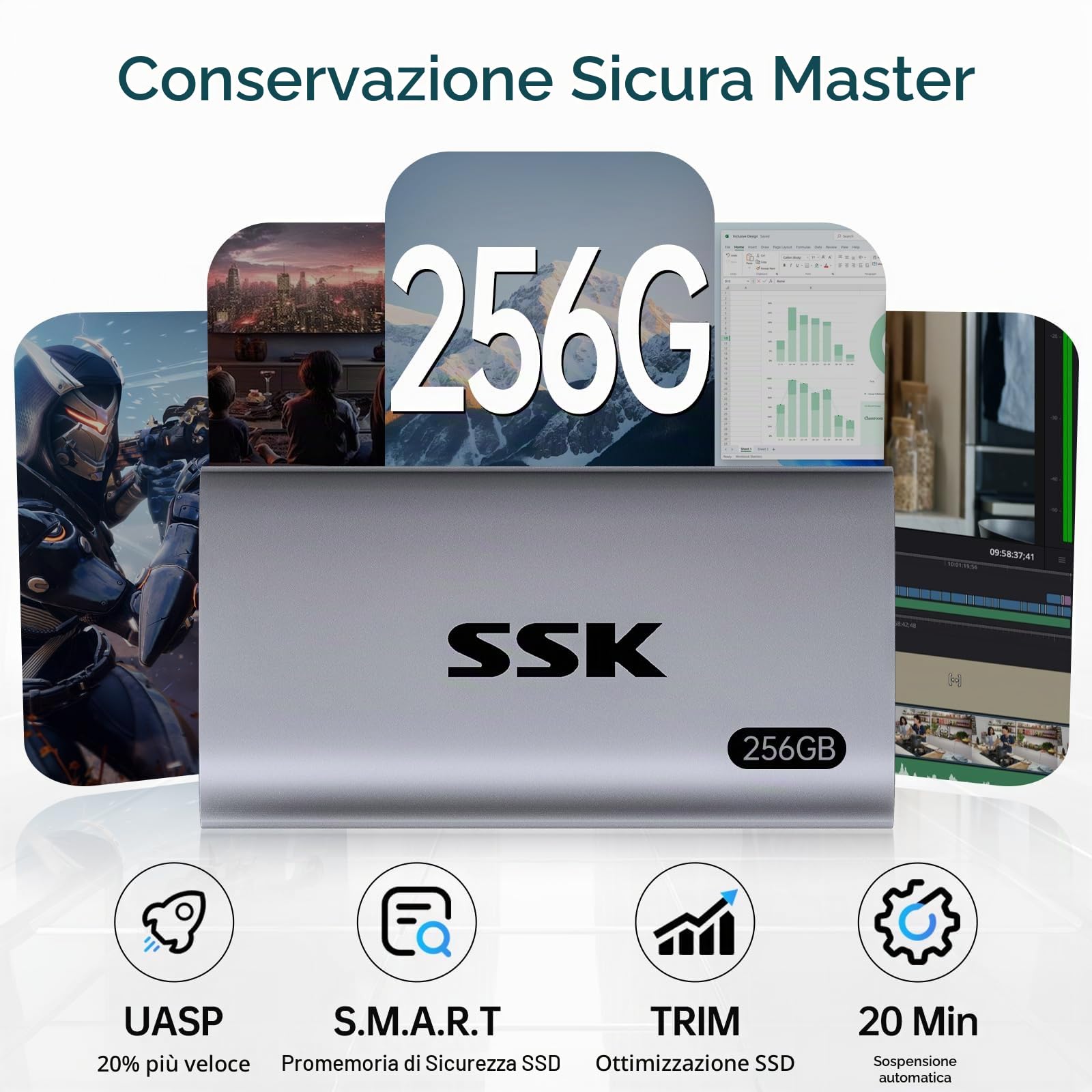 SSK 256GB External SSD Portatile, Disco Esterno SSD fino a 550MB/s, USB 3.2 Gen2 unità a Stato Solido Esterne per iPhone 15/16/Pro, Windows, Mac, Android con luce LED, TRIM, SMART supportato