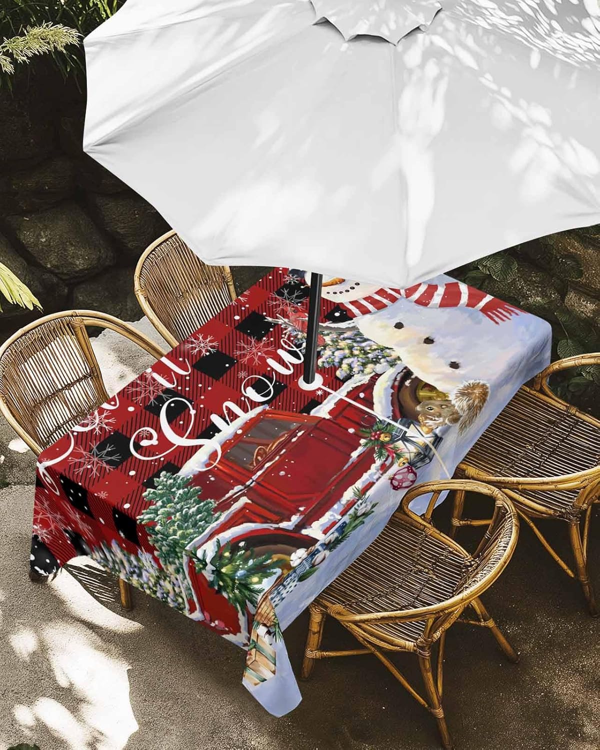Christmas Tablecloth Truck Snowman Squirrel Fox Outdoor Tablecloths 52x70, Patio Table Cloths with Umbrella Hole and Zipper, Red Buffalo Plaid Table Cover for Outdoor Tables Dining Xmas Holiday Party