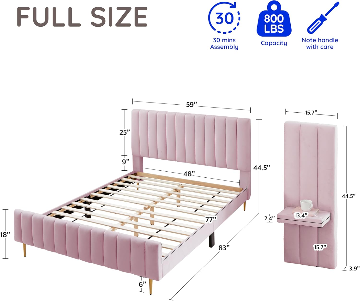 Livinia Full Size Elton Velvet Platform Bed Set, Upholstered Bed Frame with Vertical Channel Tufted Headboard Footboard with 2 Side Panel Nightstands, No Box Spring Needed, Pink (Full)