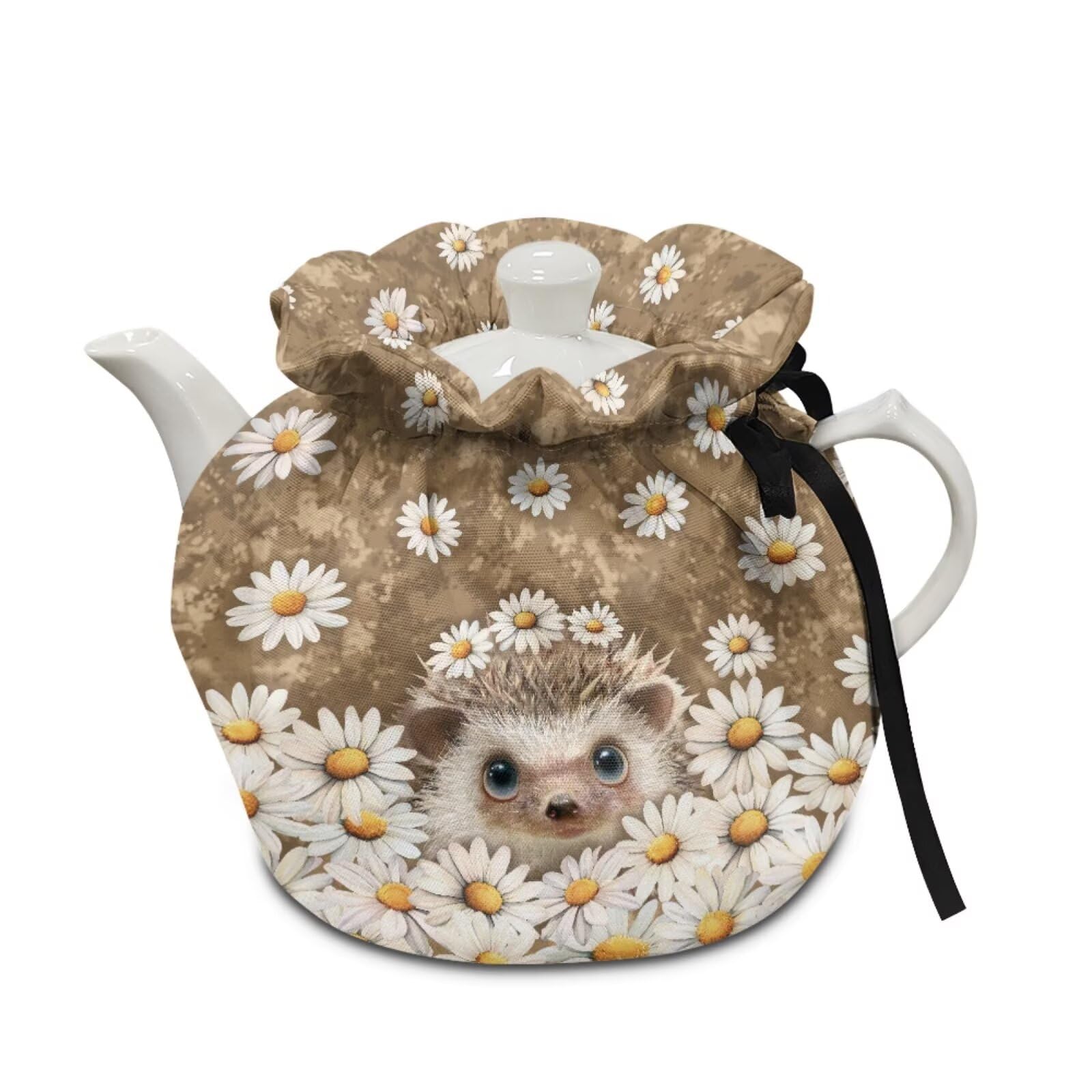 Tea Cozy for Teapot Hedgehog Daisy Print Tea Kettle Dust Cover Keep Warm Breakfast Warmer with Drawstring Kitchen Decorations