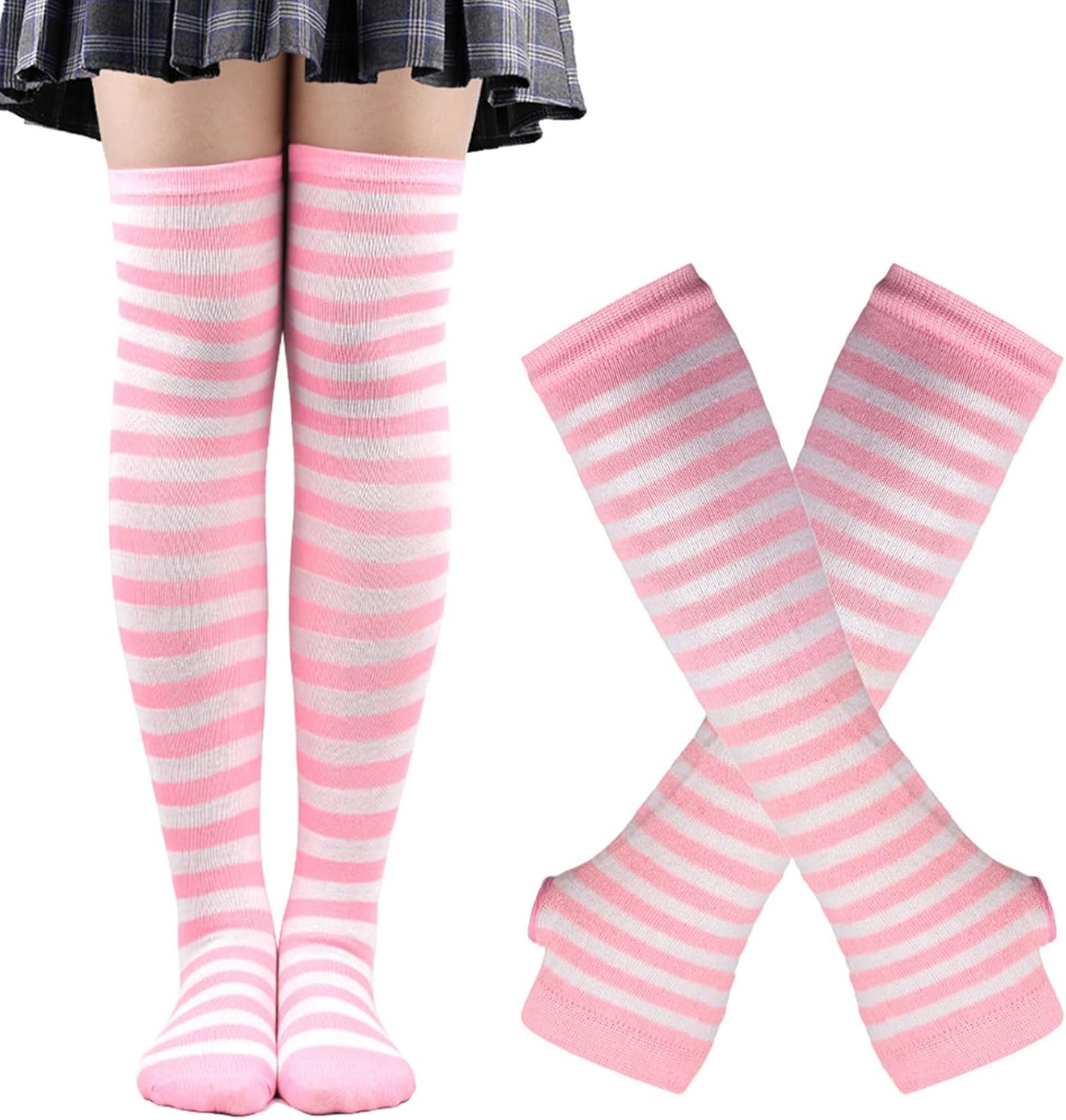 Womens Striped Thigh High Socks Long Arm Warmers Set Fingerless Gloves Halloween Costume Long Cotton Knee High Socks