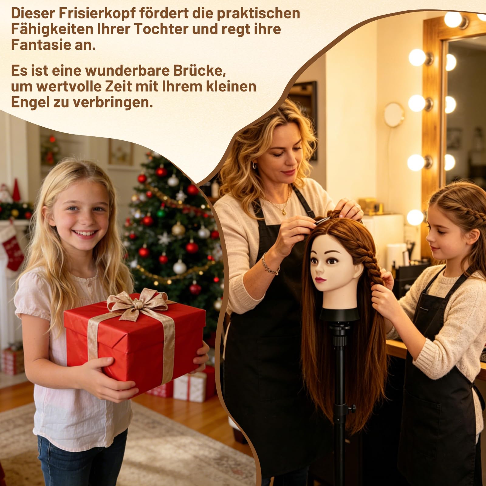 TwoWin Frisierkopf 80% Echthaar, Übungskopf 24 Zoll /60cm Friseurkopf, Trainingskopf für Friseure für Styling & Friseurpraxis mit Tischhalter + DIY Haare Frisuren Set (Braun)