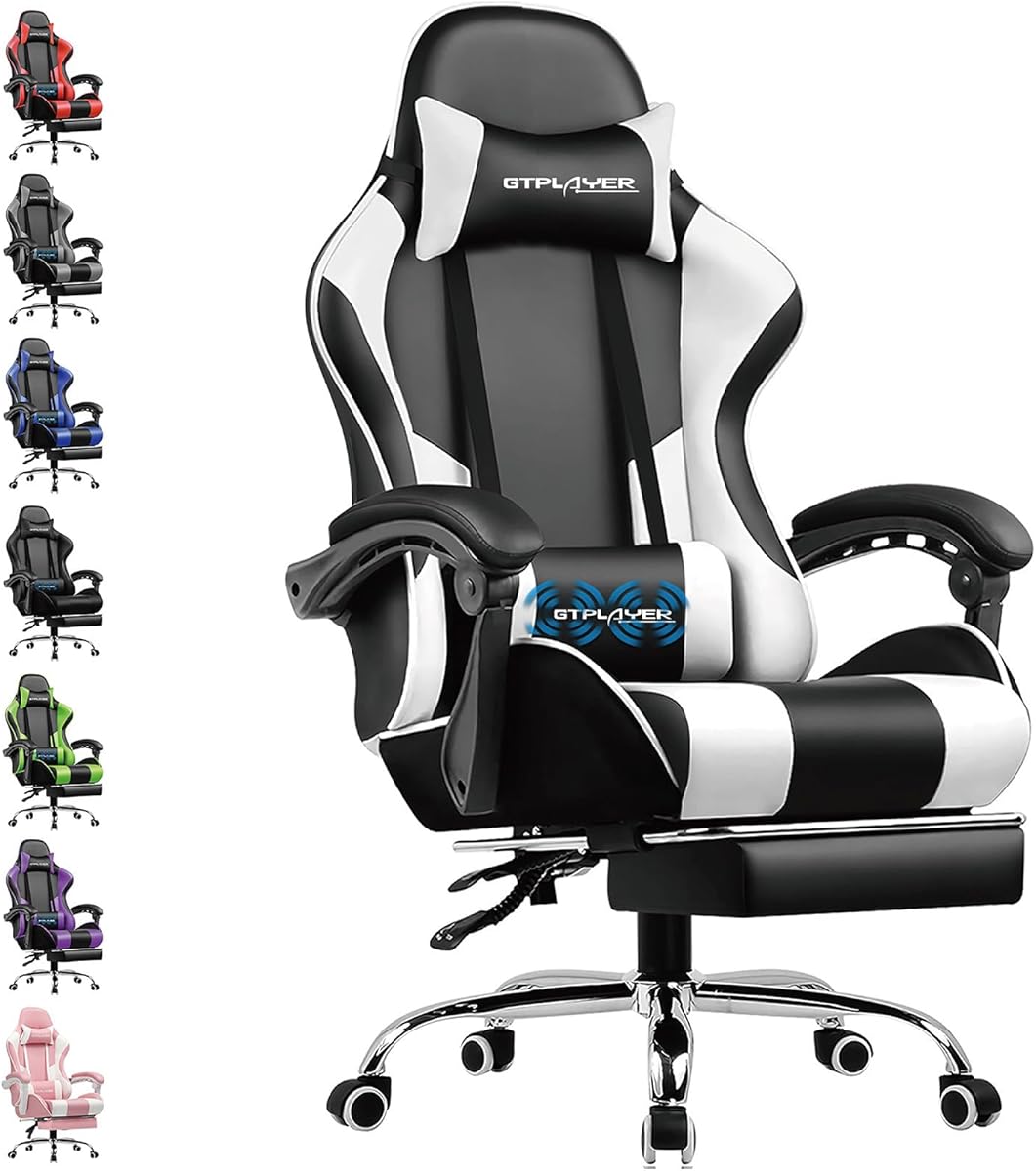 GTPLAYER Gaming Stuhl Bürostuhl Massage Gaming Sessel Ergonomischer Gamer Stuhl mit Fußstütze, Kopfstütze Massage-Lendenkissen, Gepolstert Gaming Chair, Drehsessel, weiß