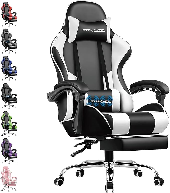 GTPLAYER Gaming Stuhl Bürostuhl Massage Gaming Sessel Ergonomischer Gamer Stuhl mit Fußstütze, Kopfstütze Massage-Lendenkissen, Gepolstert Gaming Chair, Drehsessel, weiß