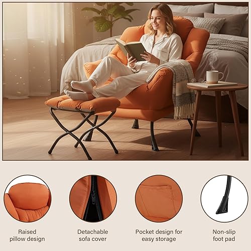 Miniatura 31 de Welnow Silla Lazy con otomana, moderna silla de descanso con reposabrazos y un bolsillo lateral, sillón para sofá de ocio, sillón de lectura