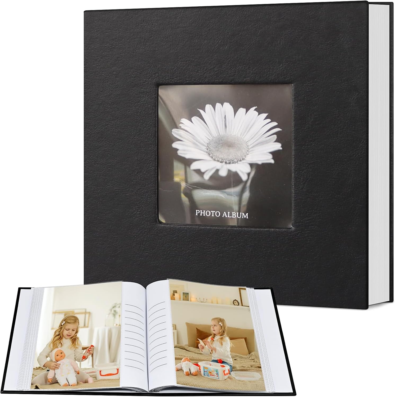 Popotop Photo Album 4x6 100 Photos with Writing Space, Leather Cover Album with Display Picture Window, Photo Book for Wedding Family Baby Gift