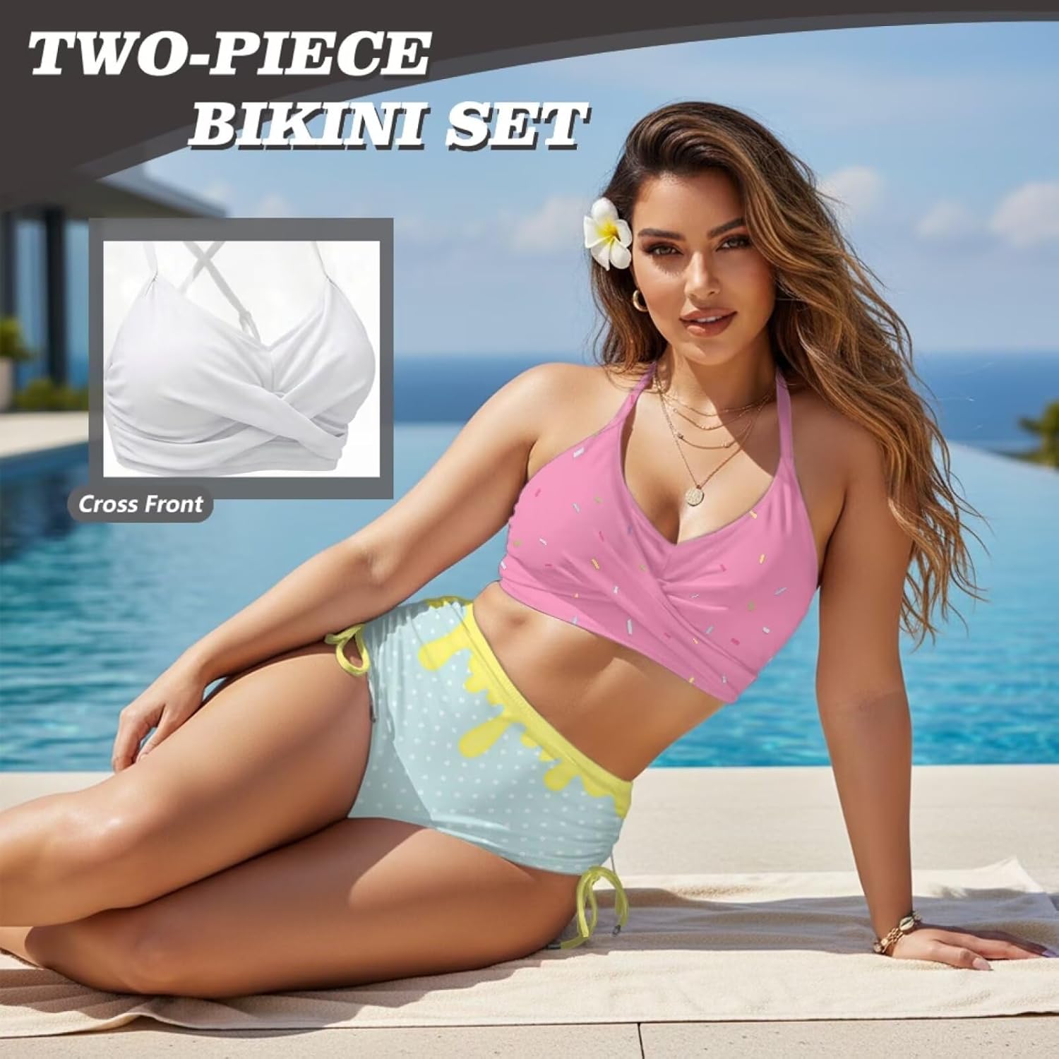 Two Piece Bikini Set for Women Sexy Bathing Suit Ruched Swimsuit Tie Two Sides Bottom Swimwear XS-3XL