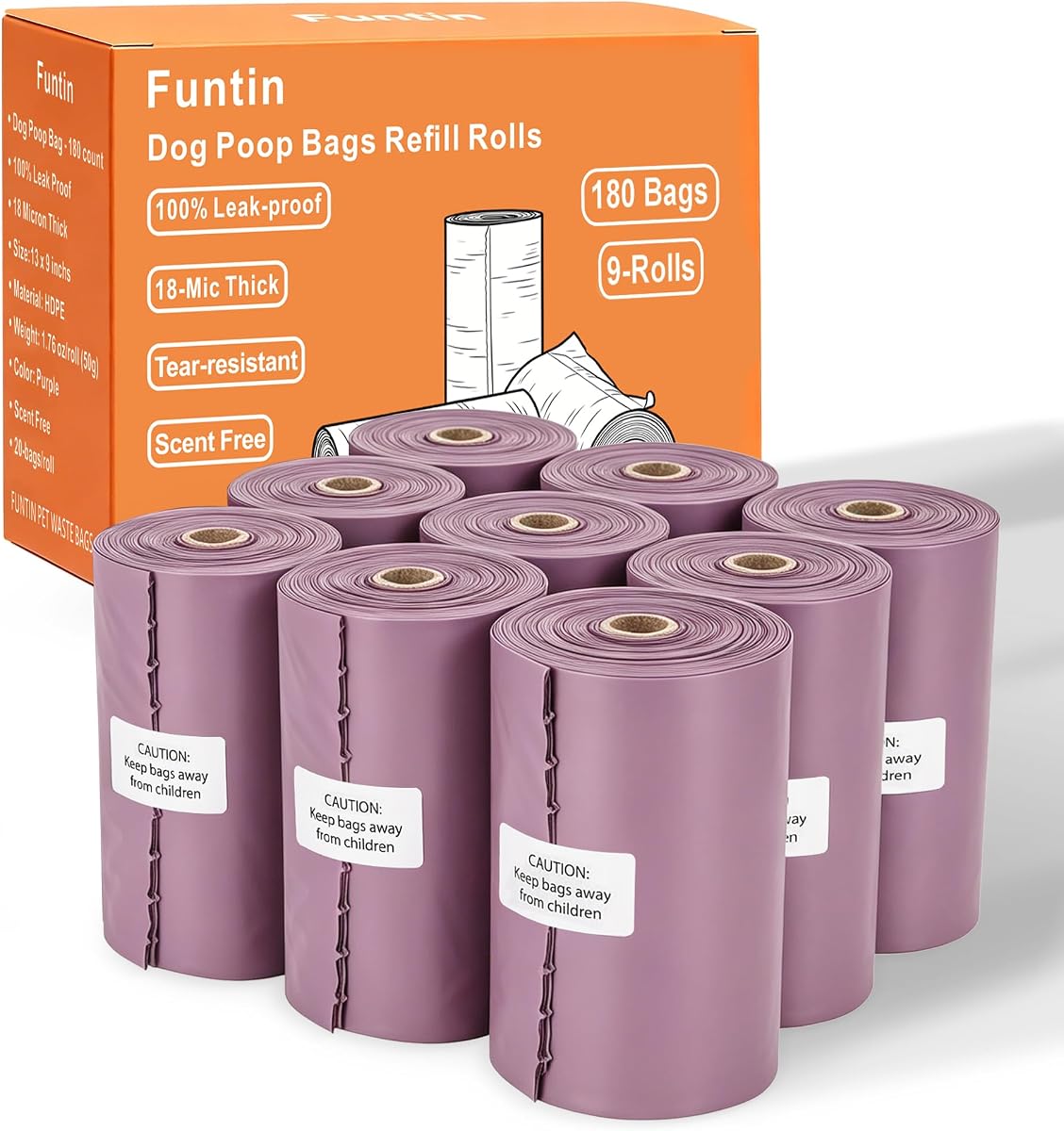 Funtin Dog Poop Bags, 180ct Extra Thick 1.8mil Unscented Waste Bag Rolls | Leak-proof, 18Mic Heavy-duty, 13”x9” Larger, Odor Blocking, Sturdy, Tear-resistant, Easy-open, HDPE with 65% Recycled Plastic