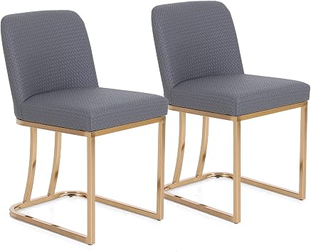 ALPHA HOME Dining Room Chair PU Leather Set of 2 Upholstered Living Room Solid Chair Hotel Kitchen Restaurant Gold Metal Frame,Dark Grey.