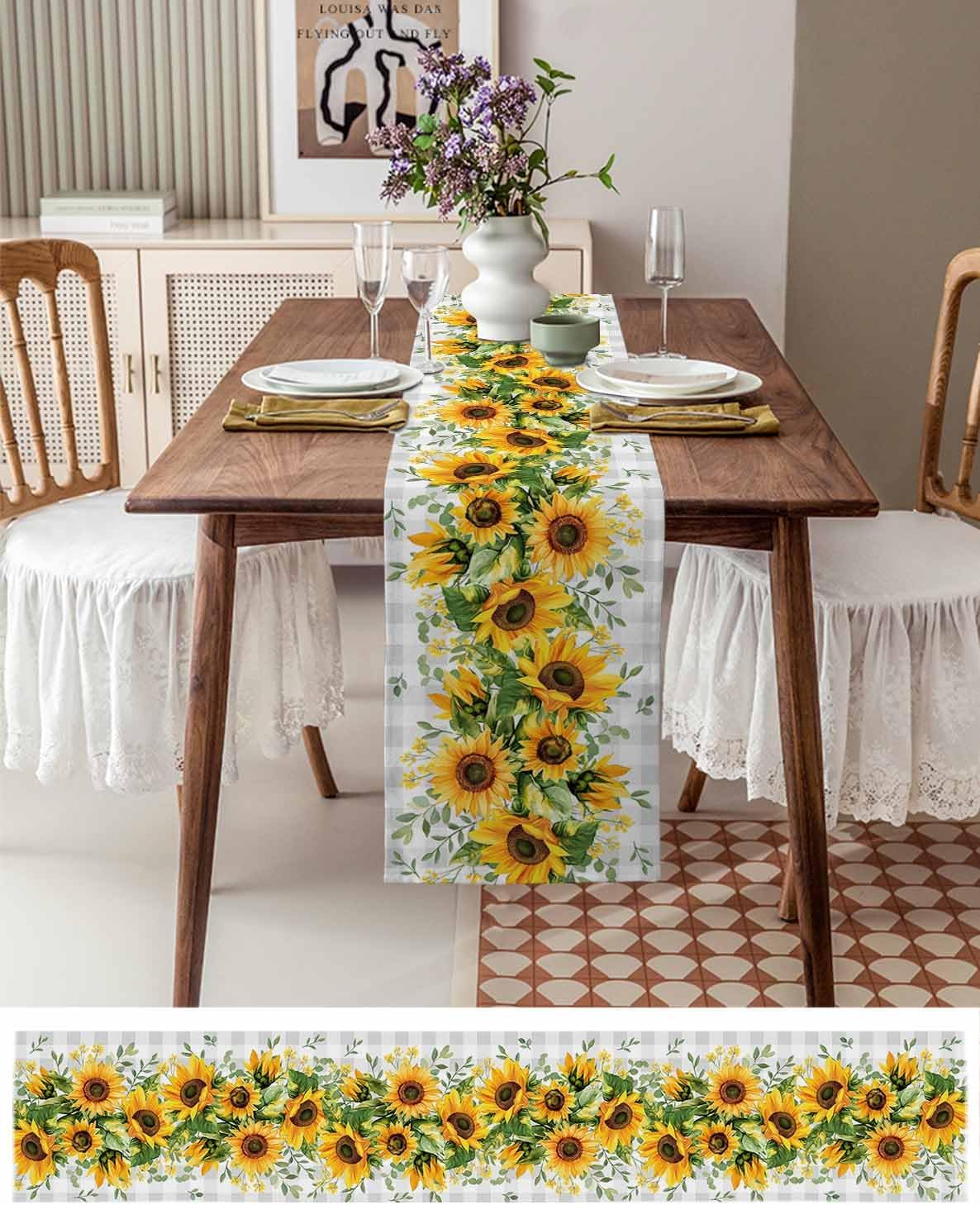 Farmhouse Table Runner Retro Sunflower Vintage Grey Check Non Slip Table Runners Dresser Scarves 72" Long, Modern Tabletop Cover Decor for Kitchen Dining Home