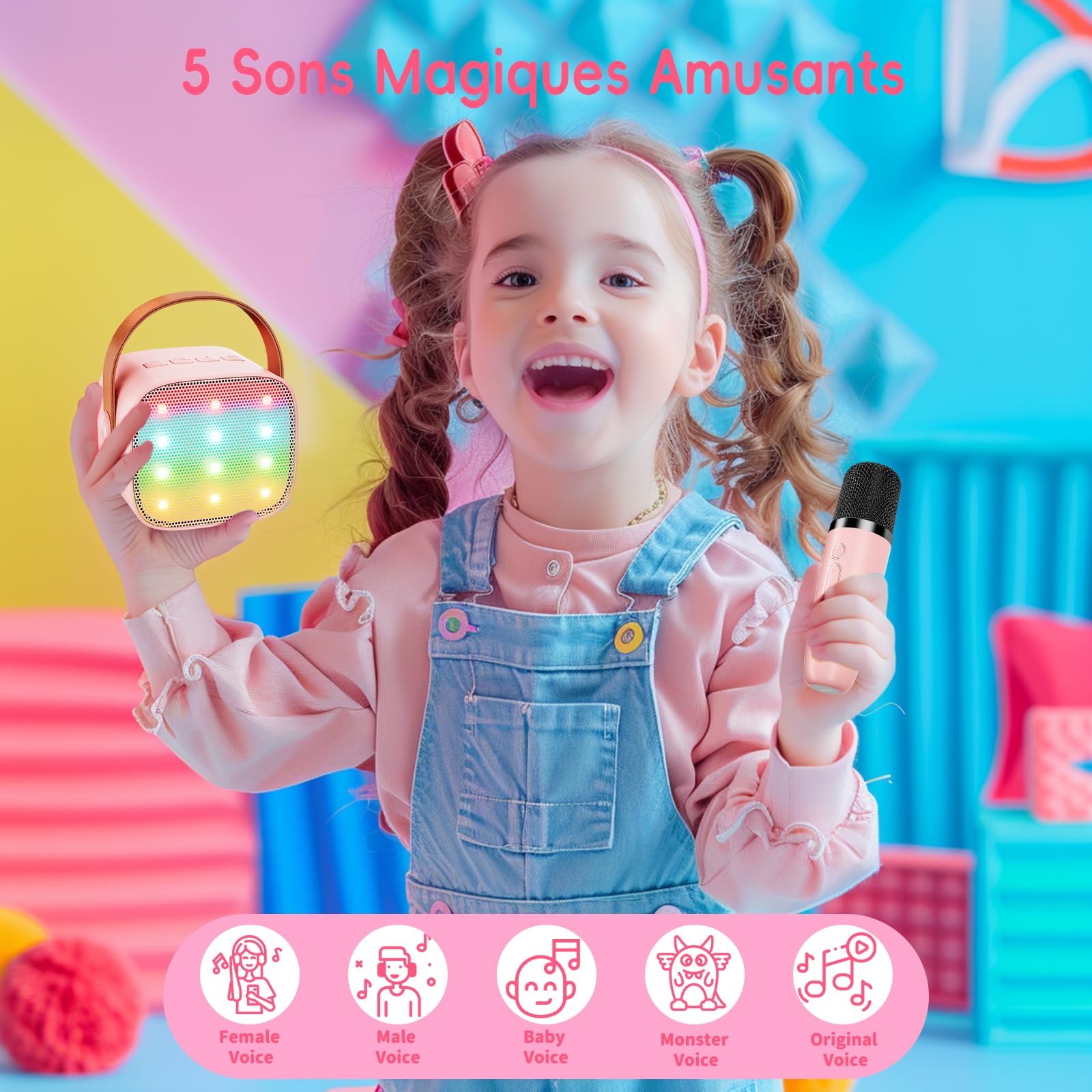 Ankuka Karaoke Enfants avec 2 Micro sans Fil Portable, avec Magique Voix Change et LED Lumière Qualité Sonore HiFi Mini Microphone pour Enfant Adulte Fille Rose
