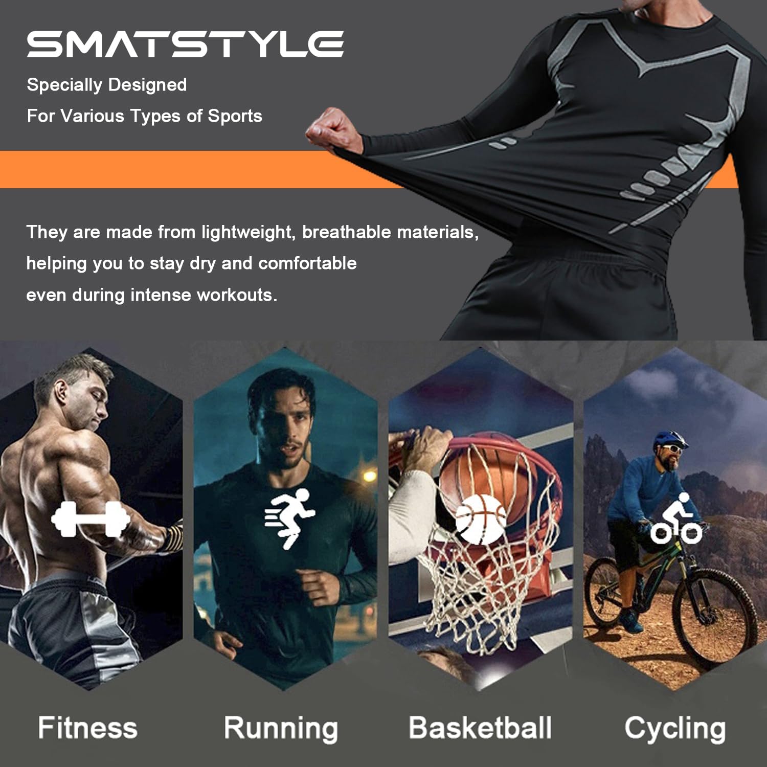 Men's Compression Shirt Athletic Sports Long Sleeve Baselayer Quick-Drying Breathable Running Shirt for Fitness