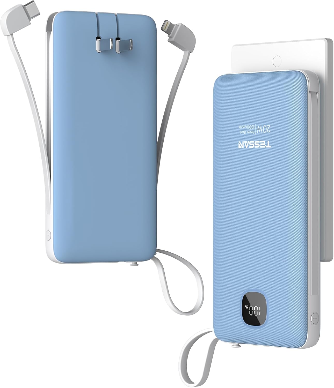 TESSAN Portable Charger with Built in Cables, 10000mAh Power Bank Fast Charging with Foldable AC Plug, PD20W Compact Battery Pack Travel Essentials for iPhone 17/16 Series, Samsung, Tablets, Blue