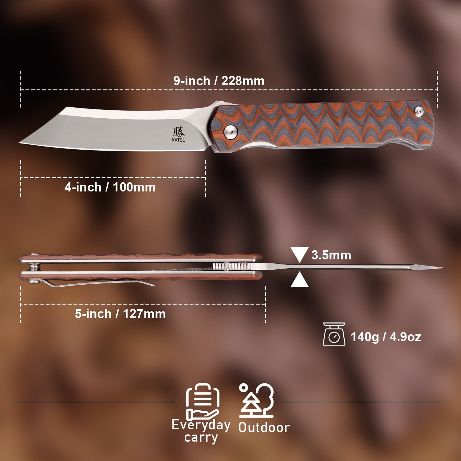 KATSU AUS-8 Steel Blade Folding Knife,Pocket Knife for Men G10 Handle, Liner Lock Japanese Style Front Flipper EDC Knife with Clip Stonewashed finish