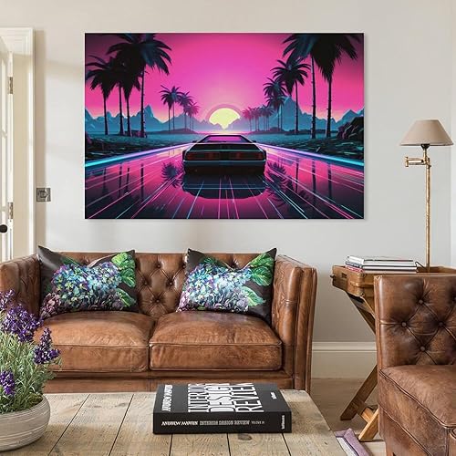 Miniatura 3 de Retrowave Vaporwave - Póster de los años 80 con palmera para auto, Synthwave, pintura para pared, lienzo para sala de estar, dormitorio, decoración