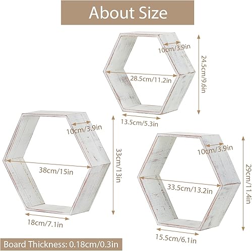 Miniatura 3 de Sziqiqi Estantes flotantes hexagonales para montar en la pared, juego de 3 estantes de madera para colgar en la pared, decoración geométrica blanca