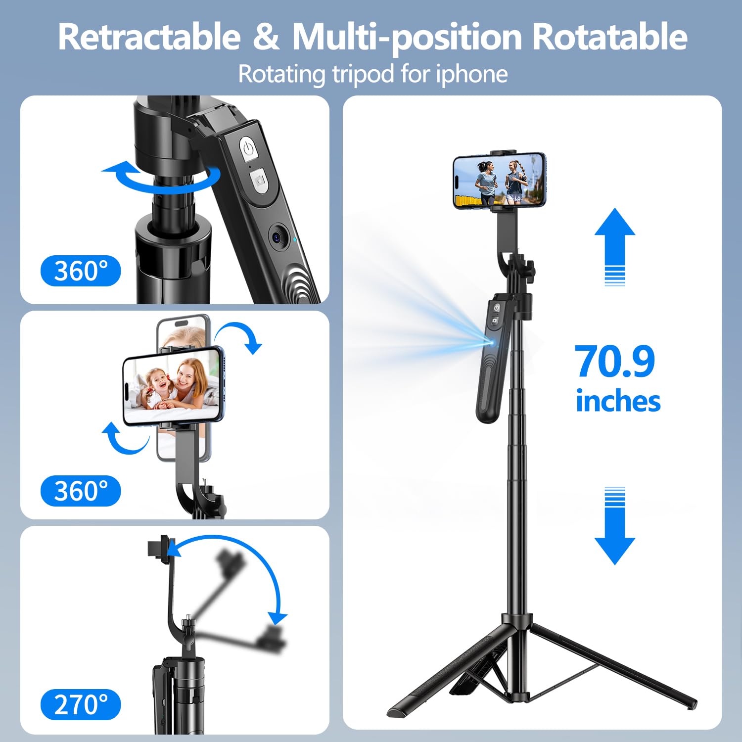 Auto Face Tracking Tripod 360° Rotation with Stand, 70.9" Motion Sensor Phone Tripod Stand, No App, Gesture Control, Smart Face Body Auto Tracking Selfie Stick Tripod for Video/Live Streaming