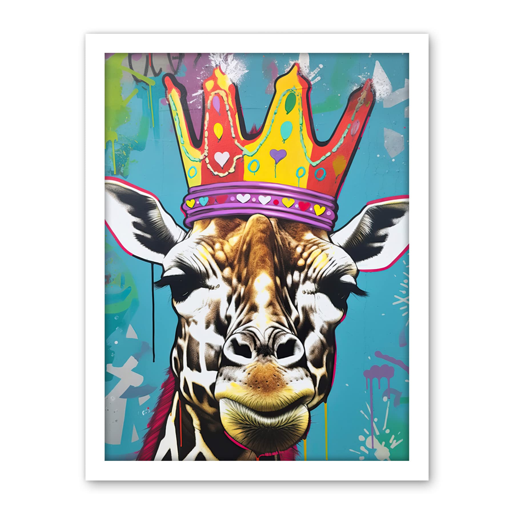 Artery8 Giraffe With Queen Birthday Crown Modern Pop Art Artwork Framed Wall Art Print 18X24 Inch