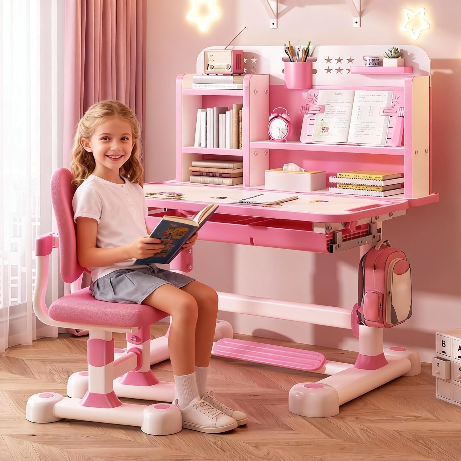 Kids Desk and Chair Set - Adjustable Height, Widened Desktop, Kids Study Desk with Drawer with Multi Separation Cartoon Pattern Pink
