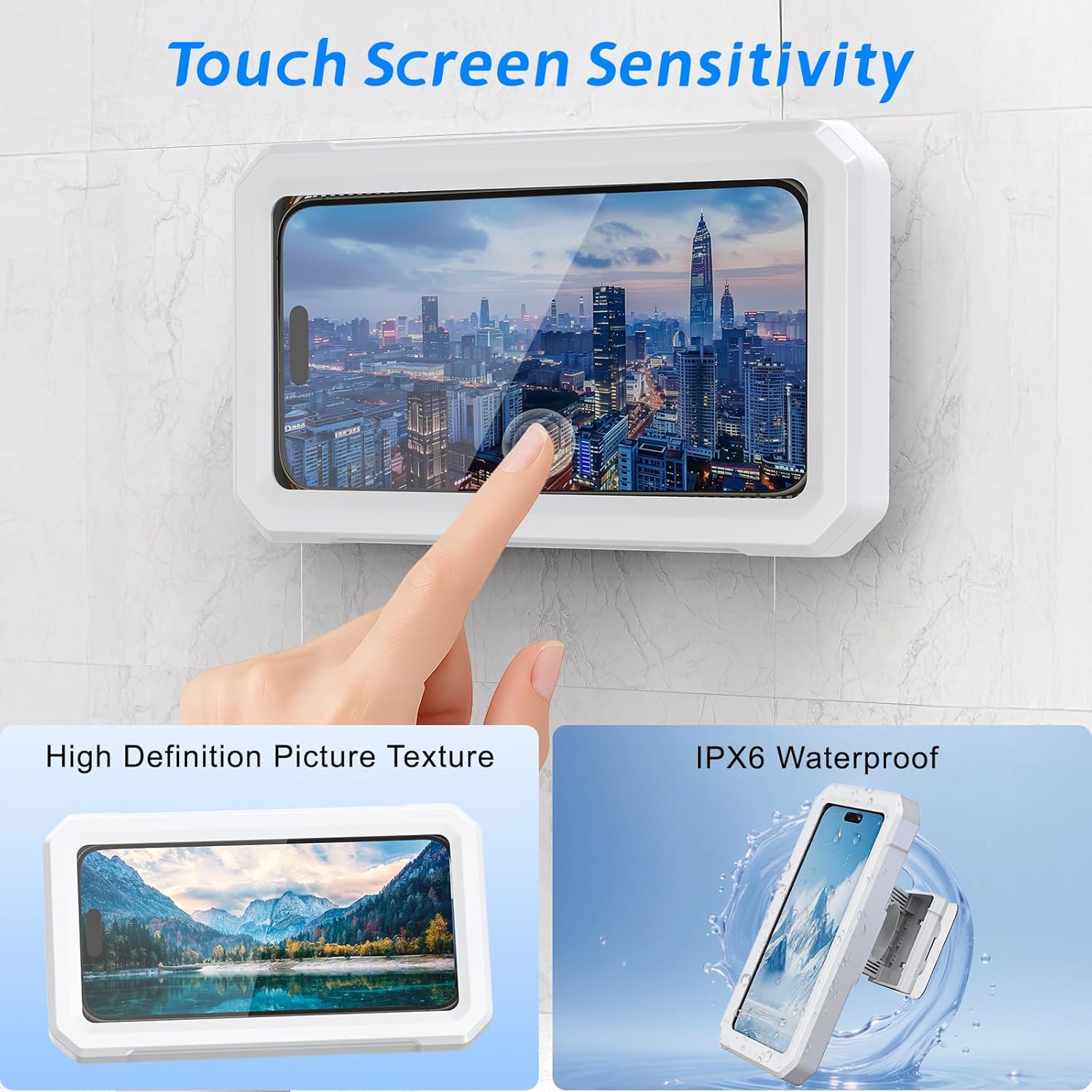 Shower Phone Holder Waterproof,480° Rotatable, Multi-Angle Adjustable Wall Mounted Phone Holder for Bathroom Bathtub Kitchen Mirror, Compatible with All 4-7" Smartphones