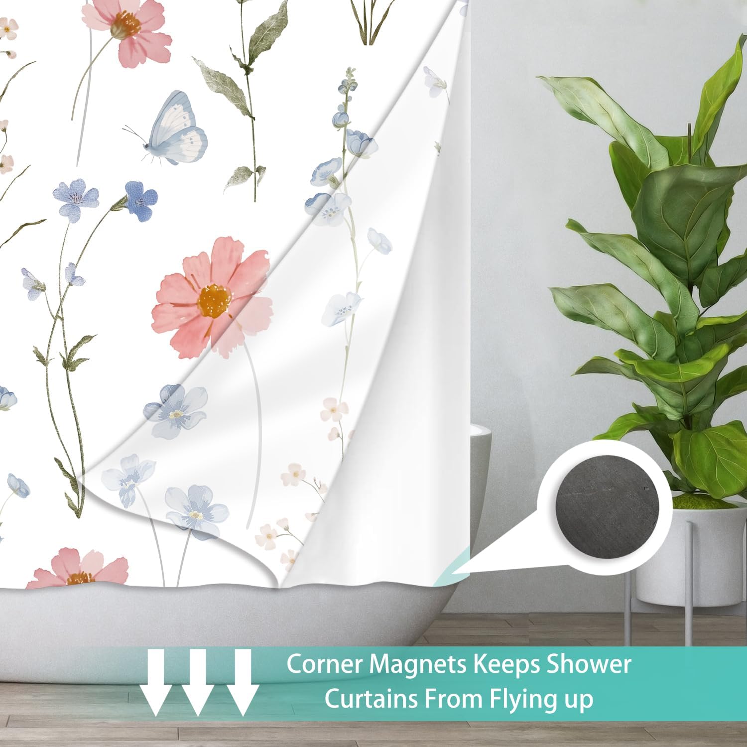 No Hook Shower Curtain with Snap in Liner for Bathroom,with See Through Top Window,Double Shower Curtain Set with Detachable Fabric Liner Replacement,Machine Washable,Blue Flower,71"x 74"