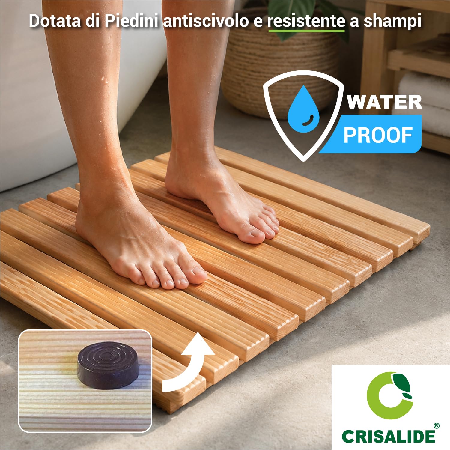 Crisalide® - Pedana Doccia in Legno, Antiscivolo Waterproof 60x60CM | Drenante