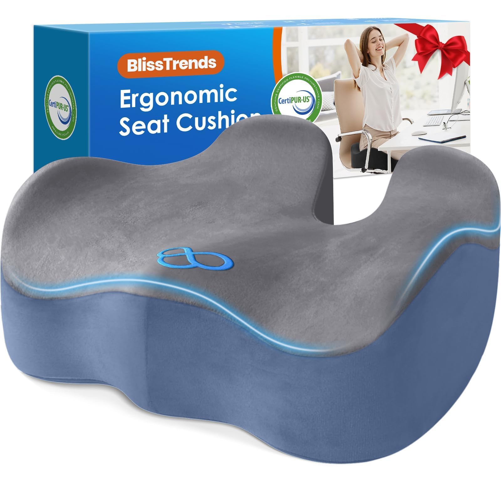BlissTrends Extra Thick Seat Cushion for Office Chair &amp; Car Seat, Grey&amp;Blue