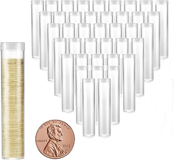 MUDOR 40 Pack Coin Storage Tube for Cent, Plastic Coin Holders Tube with Screw-On Caps, Coin Collection Supplies,Long-Term Coin Storage Cent