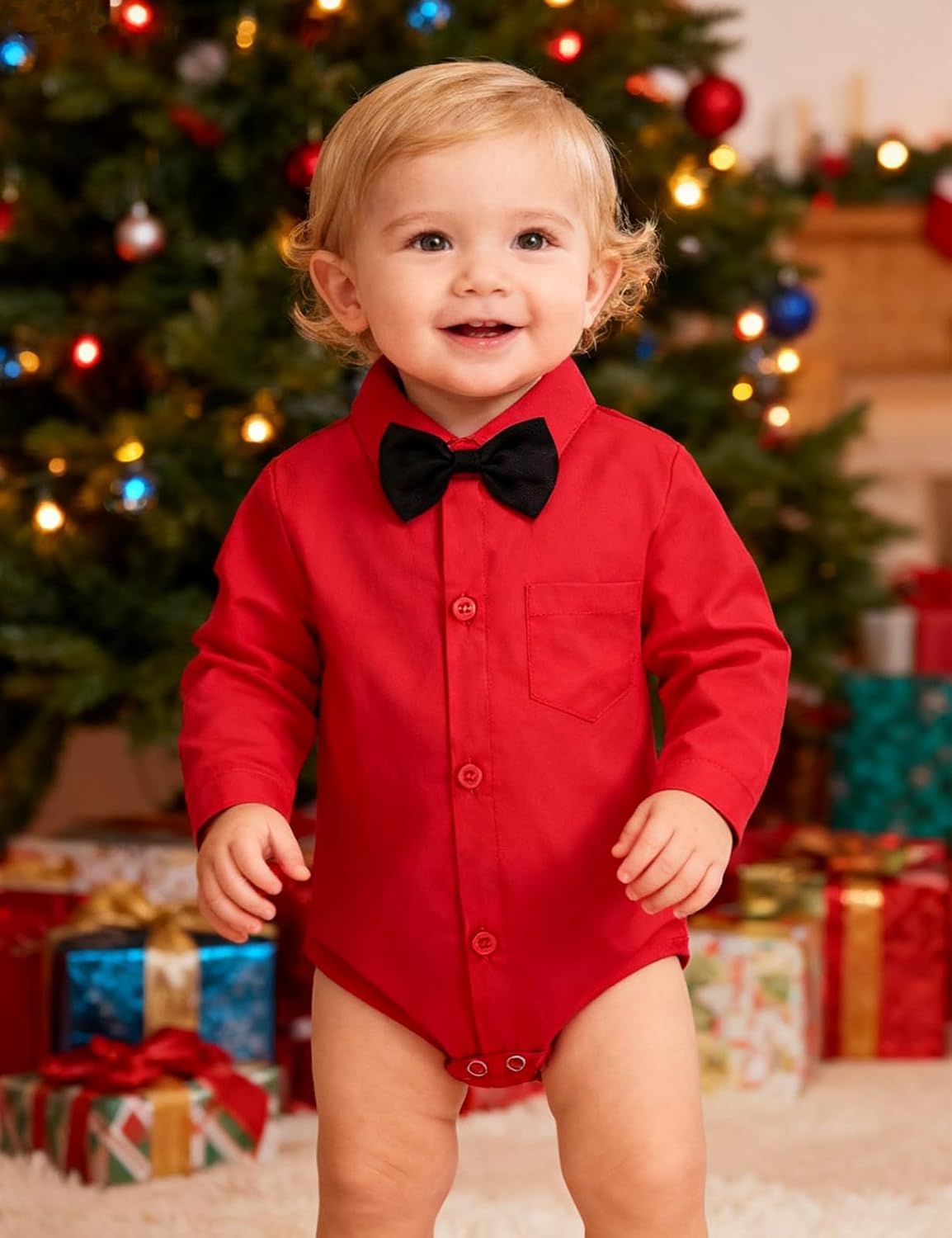 A&J DESIGN Infant Baby Boys Dress Shirt Bodysuit Gentleman Formal Wedding Long Sleeve Rompers - Image 2