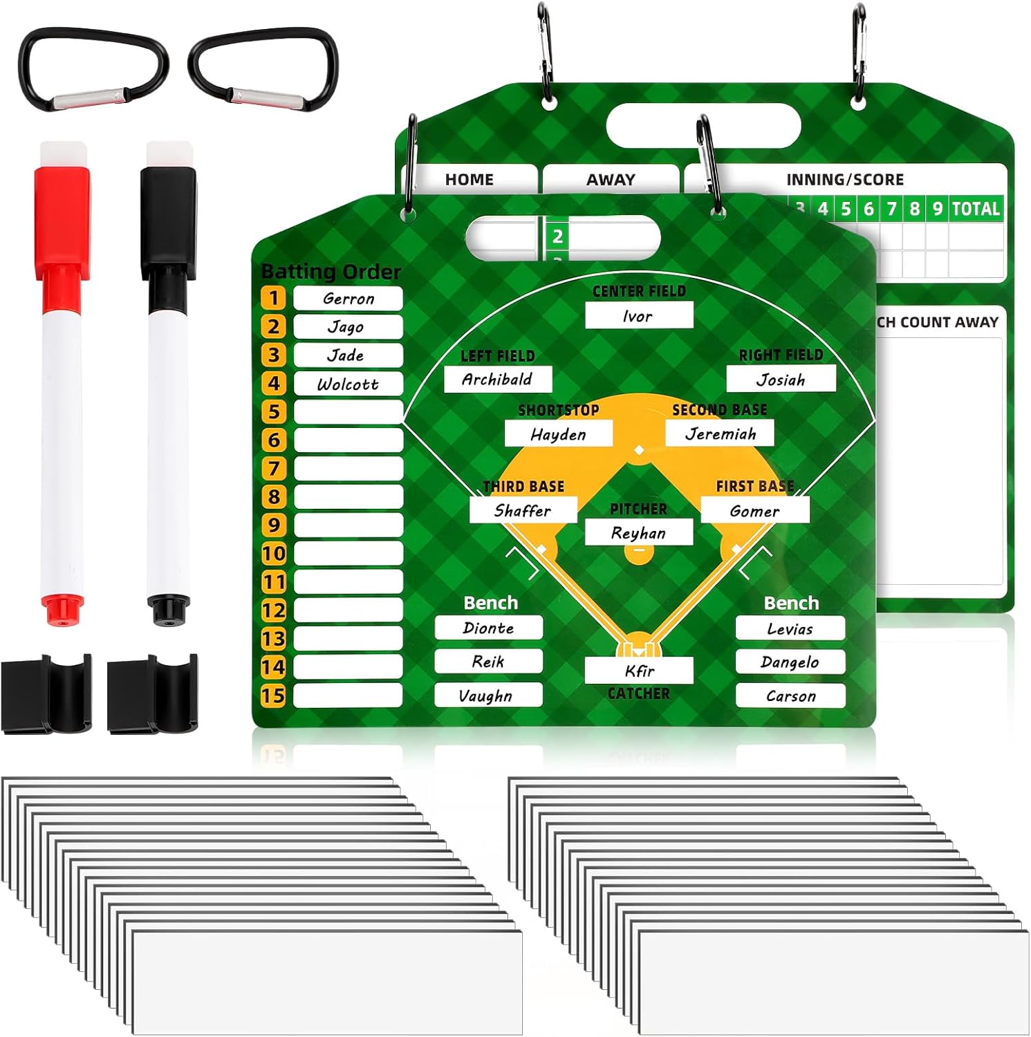 Magnetic Baseball Lineup Board,Dry Erase Baseball Clipboard,Double Sided Baseball Coaching Whiteboard with 40 Lineup Cards,2 Hooks& 2 Markers for Dugout Display, Softball